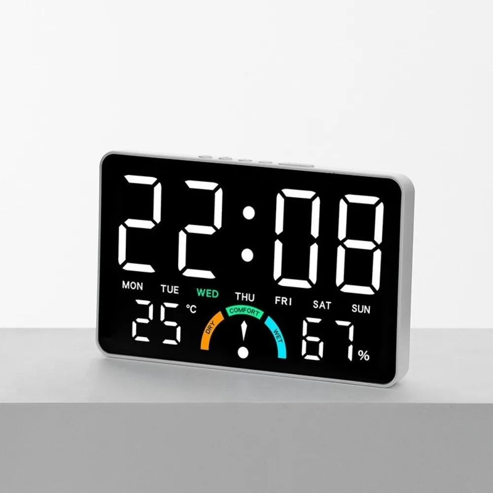 Time/Temperature/ Humidity Digital Wall Clock Dual Alarms Large Screen LED Alarm Clock Comfort Reminder Date Display Vue