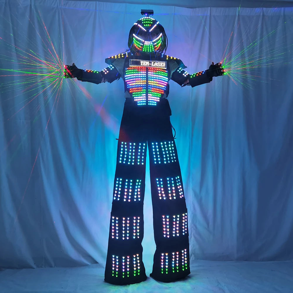 LED Robot Costume for Women Stilt Walking Light-Up Suit RGB Remote Control Glowing Outfit with LED Gloves for Party Parade Carni Vue