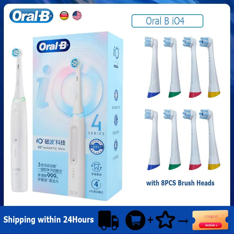 Oral B iO4 Electric Toothbrush Magnetic Tech 4 Modes Rechargeable Tooth Brush 2 Min Timers Smart Pressure Sensor Plaque Removal Vue iO 4 8H