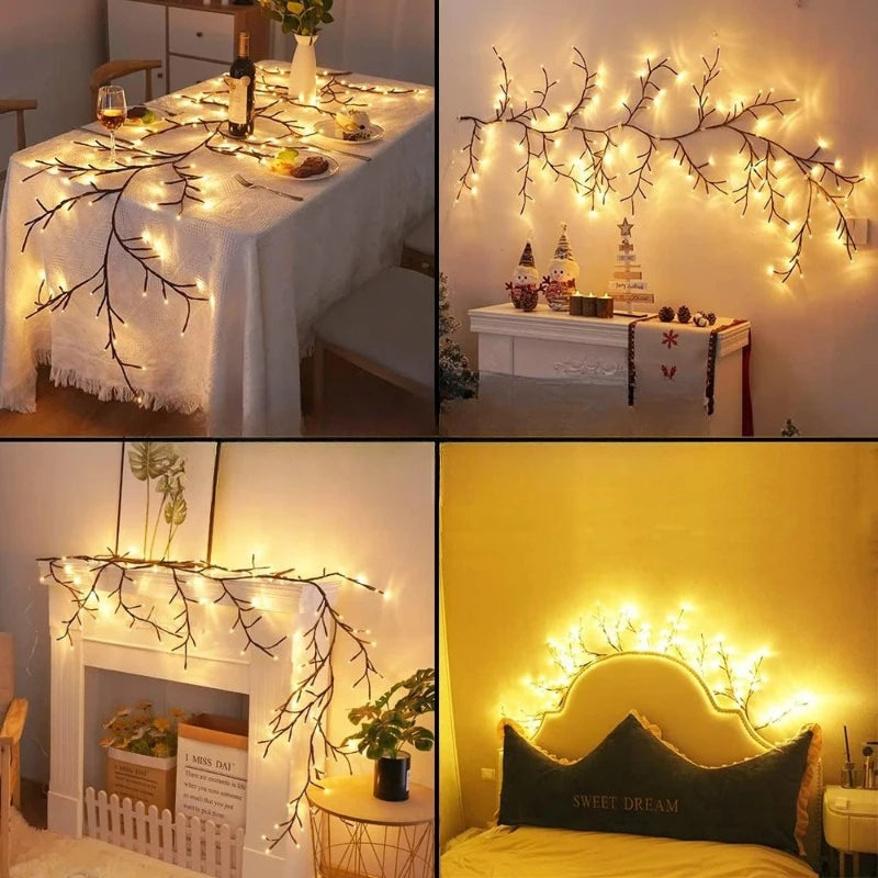 1Pc 1.8m/5.9Ft 96LED Vine String Lights 8 Modes USB Powered LED Night Light Indoor Outdoor Atmosphere Decor Fireplace Room Wall Vue
