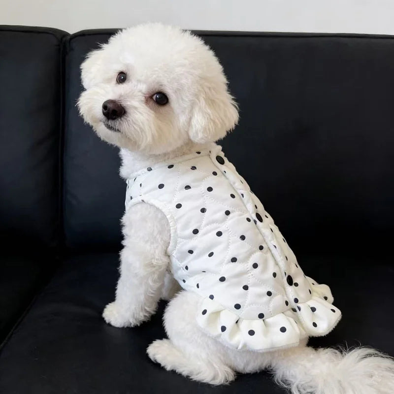 Small Dog Polka Dot Fleece Dress Cute Ruffle Warm Puppy Outfit For Bichon Teddy Pomeranian Cozy Autumn Winter Halloween Photo Vue A1 S
