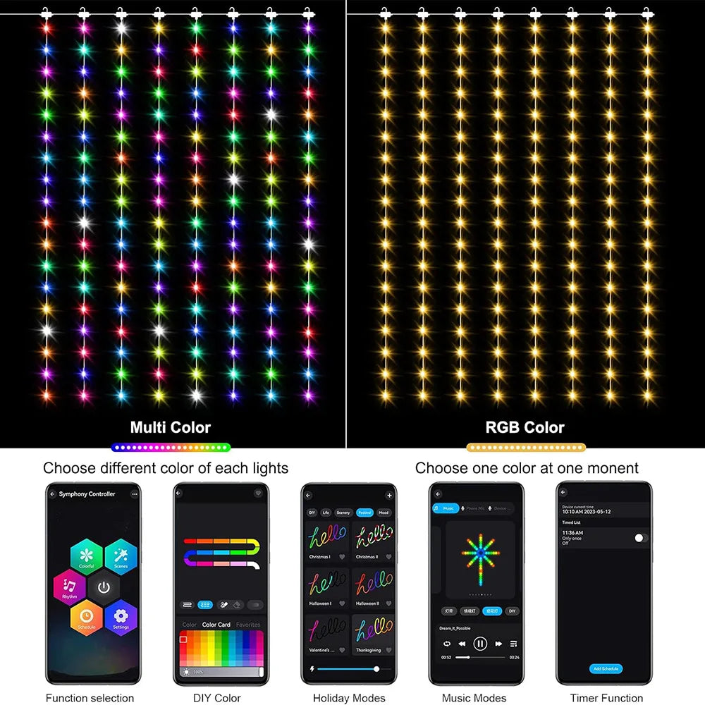 Smart Curtain Lights RGB IC 400LEDs DIY Graphic Display Suitable for Christmas Curtain Decorative Light Strings Vue
