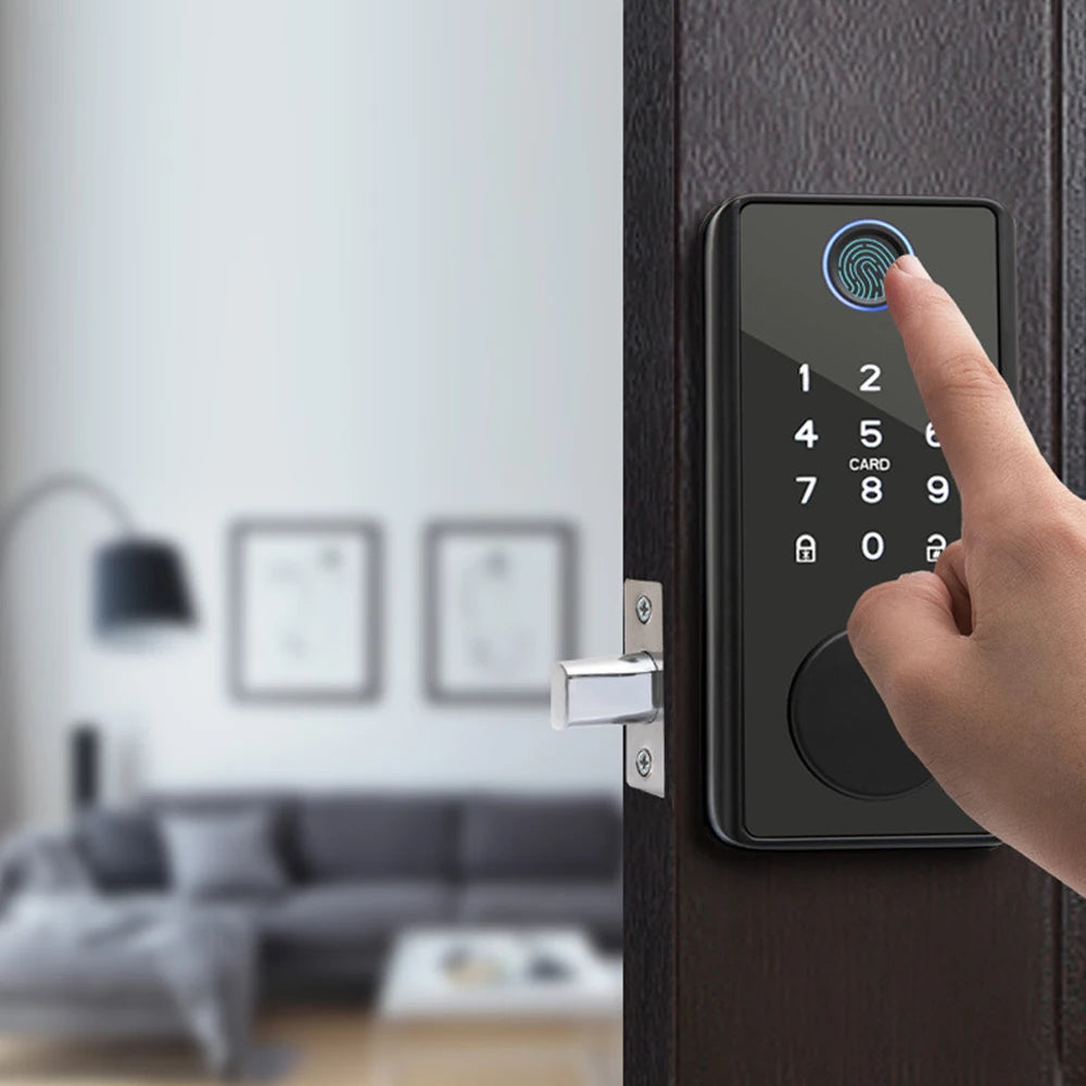 Wooden Door Lock Password Fingerprint Bluetooth Electronic Lock Mechanical Key Automatic Lock App Digital Lock Support Tuya App Vue
