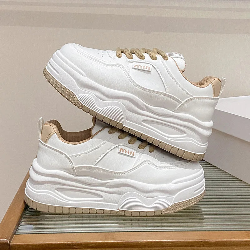 Women's White Casual Sneakers – Korean Style Lace-Up Board Shoes Casual Board Sneakers Vue Khaki 40