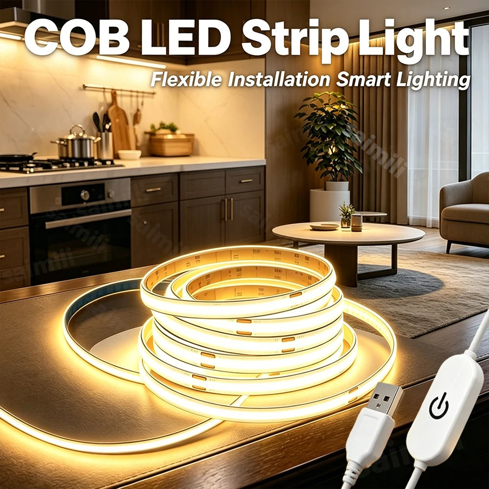 COB LED Lights Touch Dimmer Flexible Diode Tape COB Lights Strip 5V USB Powered for Cabinets TV Backlight Room Decor Vue
