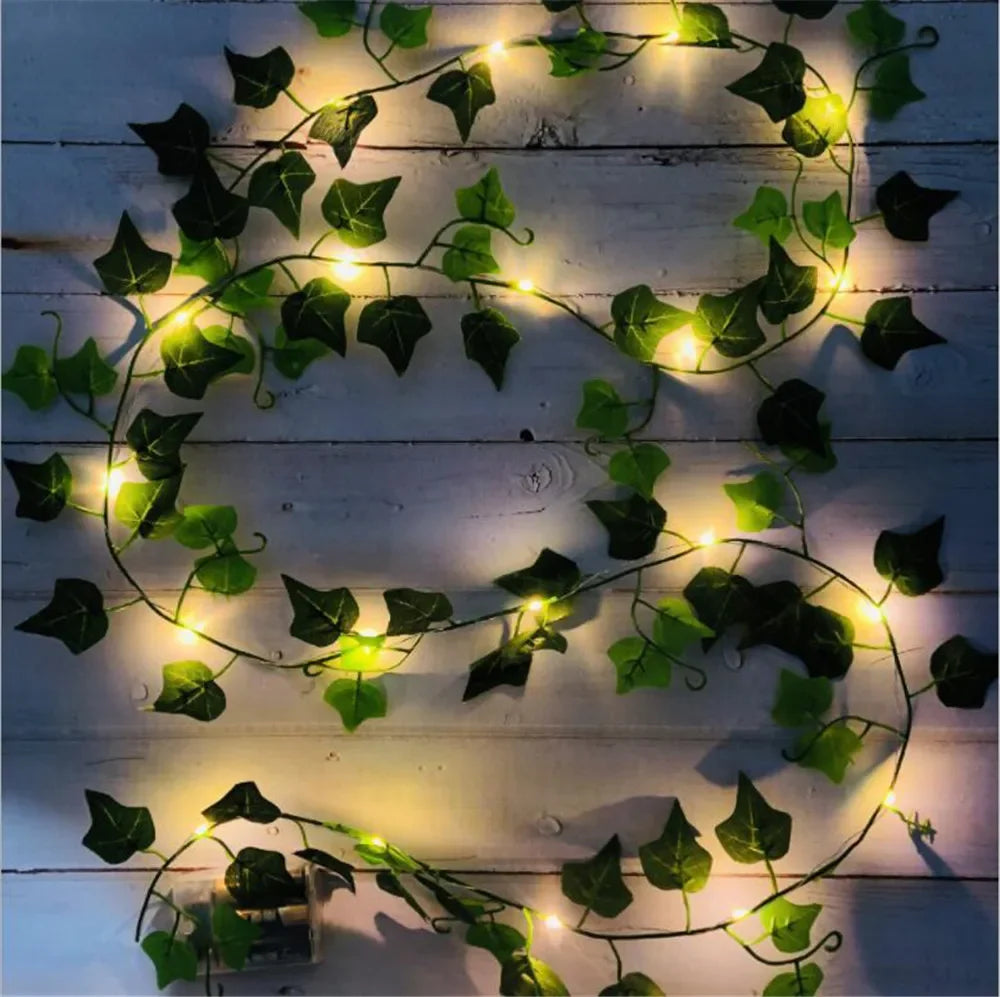 2M 20 LED Green Leaf Fake Plants String Light Battery Powered Waterproof Fairy String Light for Wall House Christmas Decorations Vue