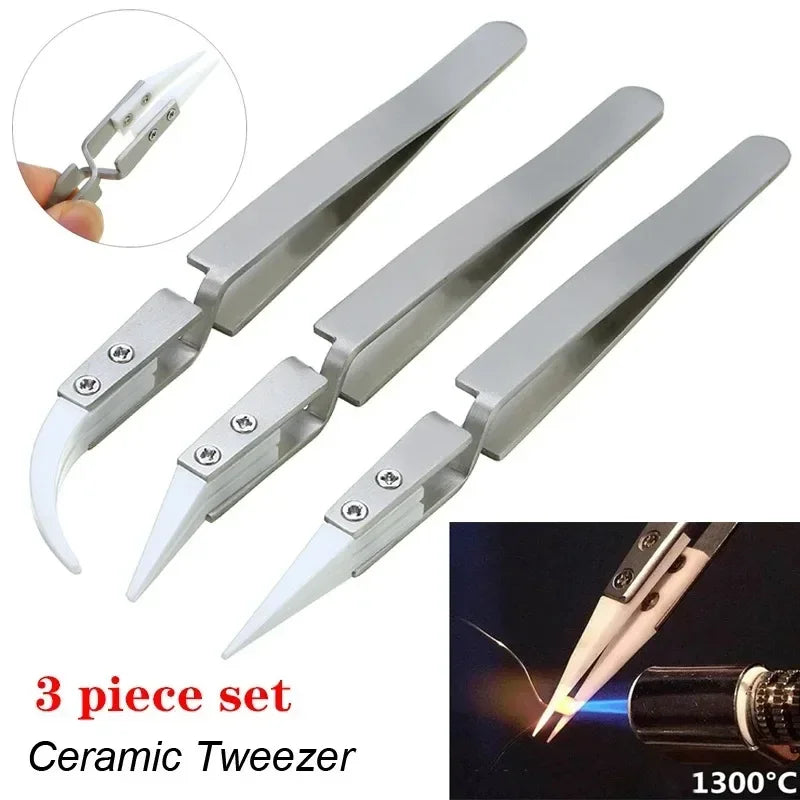 1-3pcs Ceramic Tip Labor-saving Electronic Soldering Tweezers, Anti-Static Reverse Acid Resistant Precision Chuck Tweezers Vue
