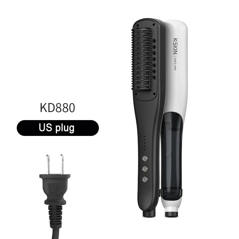 2-in-1 Steam Hair Straightener Brush & Curler – Negative Ion Hair Straightener Brush Vue White 110V US plug