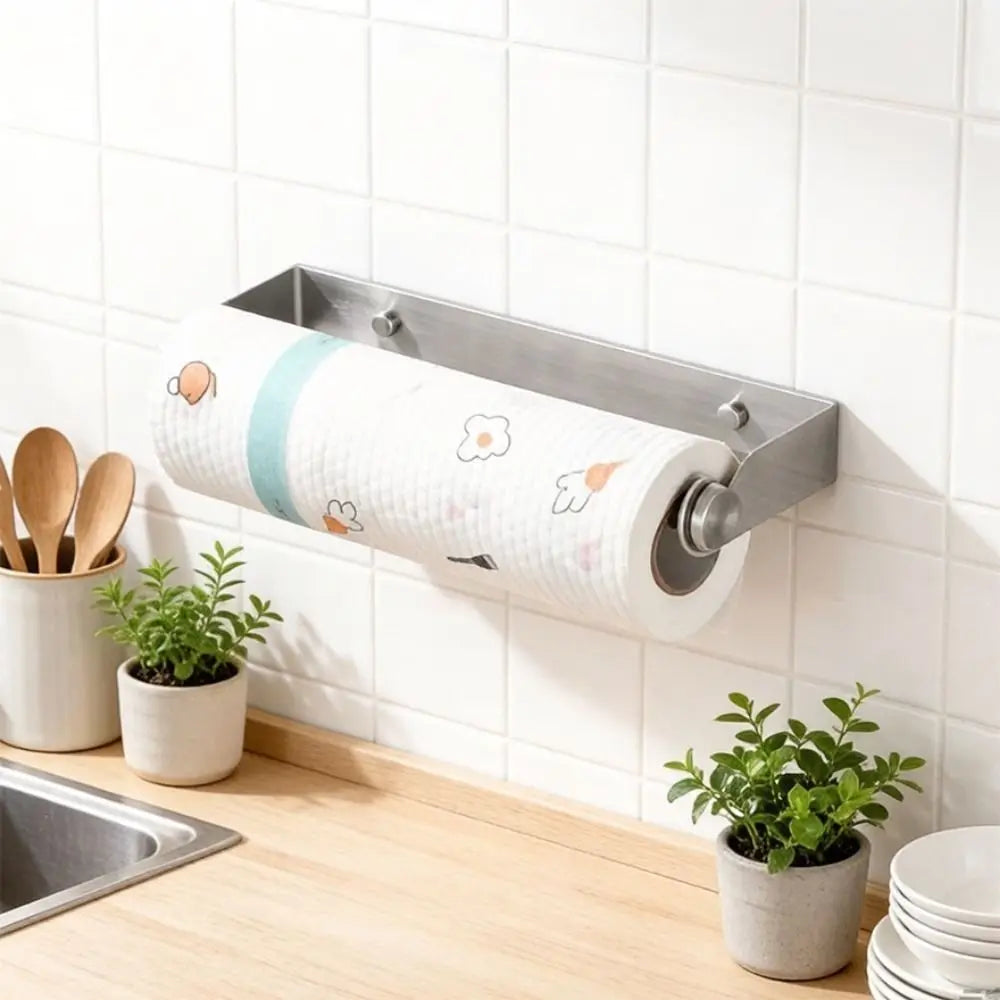 Stainless Steel Plastic Wrap Holder Wall Mounted Space Saving Roll Towel Rack Adhesive or Screw-in Cling Wrap Holder Vue