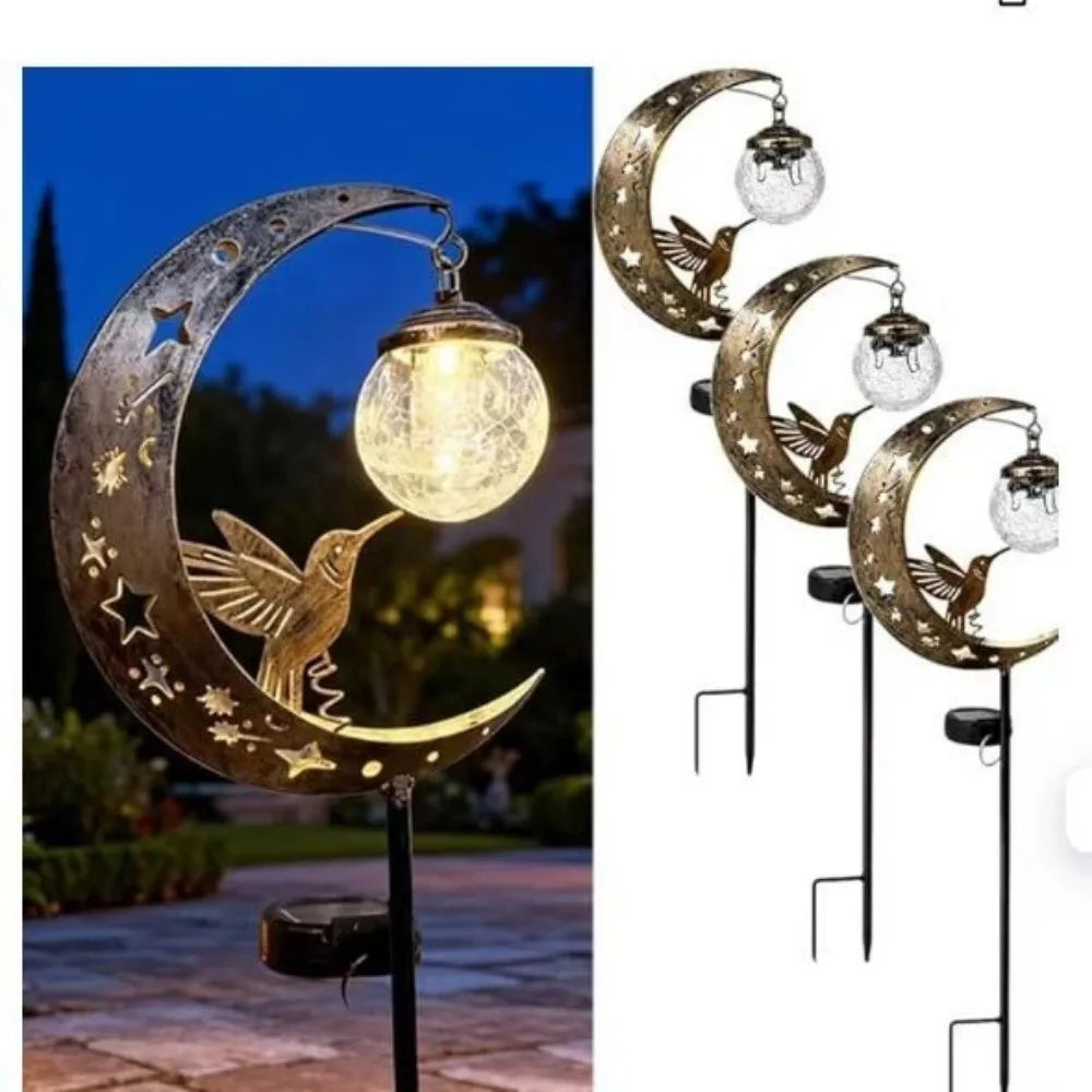 Waterproof Solar Garden Stake Light Solar Powered Half-Moon Design Hummingbird Moon Light Creative Floor Insertion Lawn Lamp Vue
