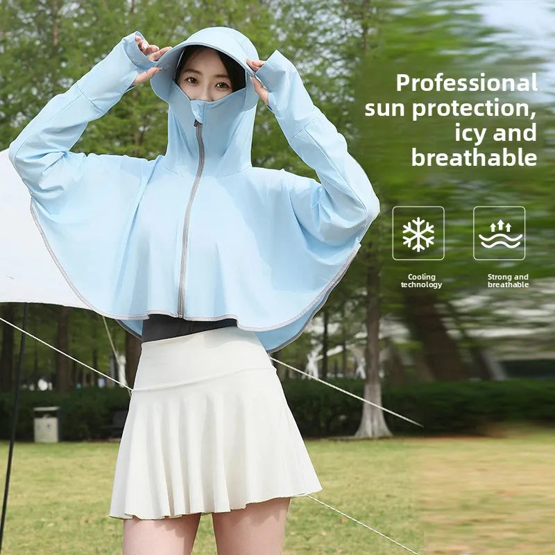 Ice Silk Hooded Sun Protection for Women Brim UV Blocking Breathable Cooling Outdoor Cycling Travel Casual Daily Cover Up Vue Sky Blue A