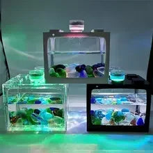 Mini Fish Tank with LED Lighting Aquarium LED Light Box Stackable Aquarium Cylinder Landscape Seawed for Home Office Decoration Vue