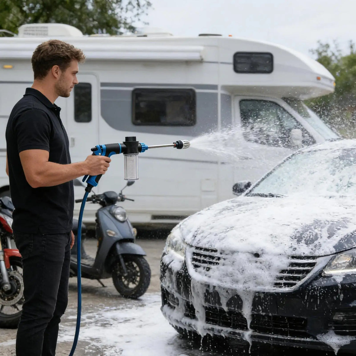 Adjustable High Pressure Foam Car Wash Sprayer, Multi-Port Telescopic Garden Hose for Auto Detailing Truck Boat Patio Garage Vue