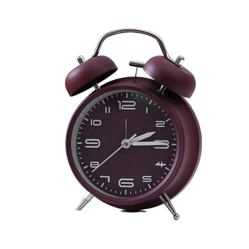 4 Inch Twin Bell Loud Alarm Clock Luminous Non-Ticking Student Alarm Clock Metal Frame Silent Strong Wake-up Table Clock Vue Wine Red