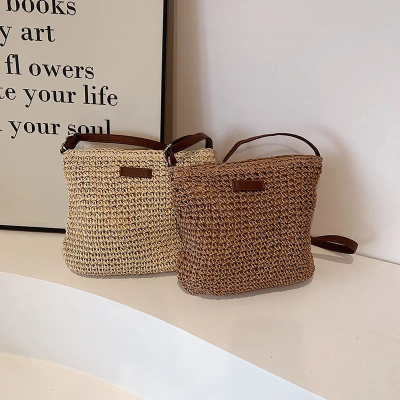 Summer Rattan Crossbody Bags Women Saddle Straw Woven Shoulder Bag
