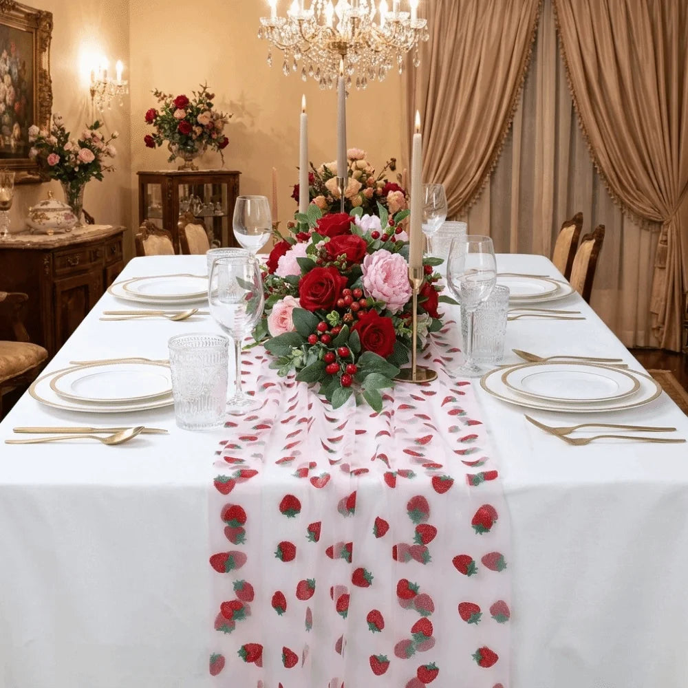 Tulle Fabric Strawberry Mesh Table Runner Polyester Sweet Glitter Gauze Tablecloth Princess Style Long Table Runner Wedding Vue