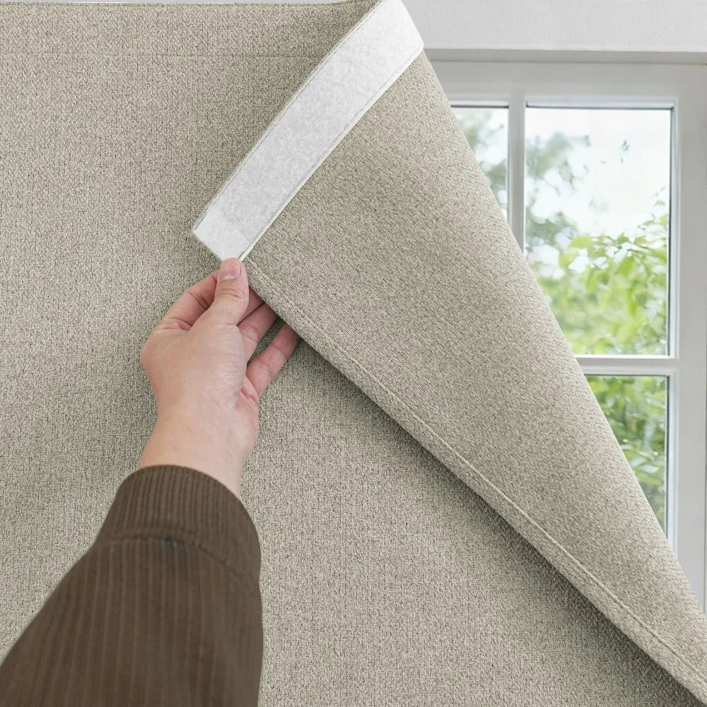 Self-Adhesive Blackout Curtains Light Blocking UV Protection Magic Tape Curtain Dust-proof Imitation Linen Texture Window Shade Vue Khaki-35.04x35.83 in
