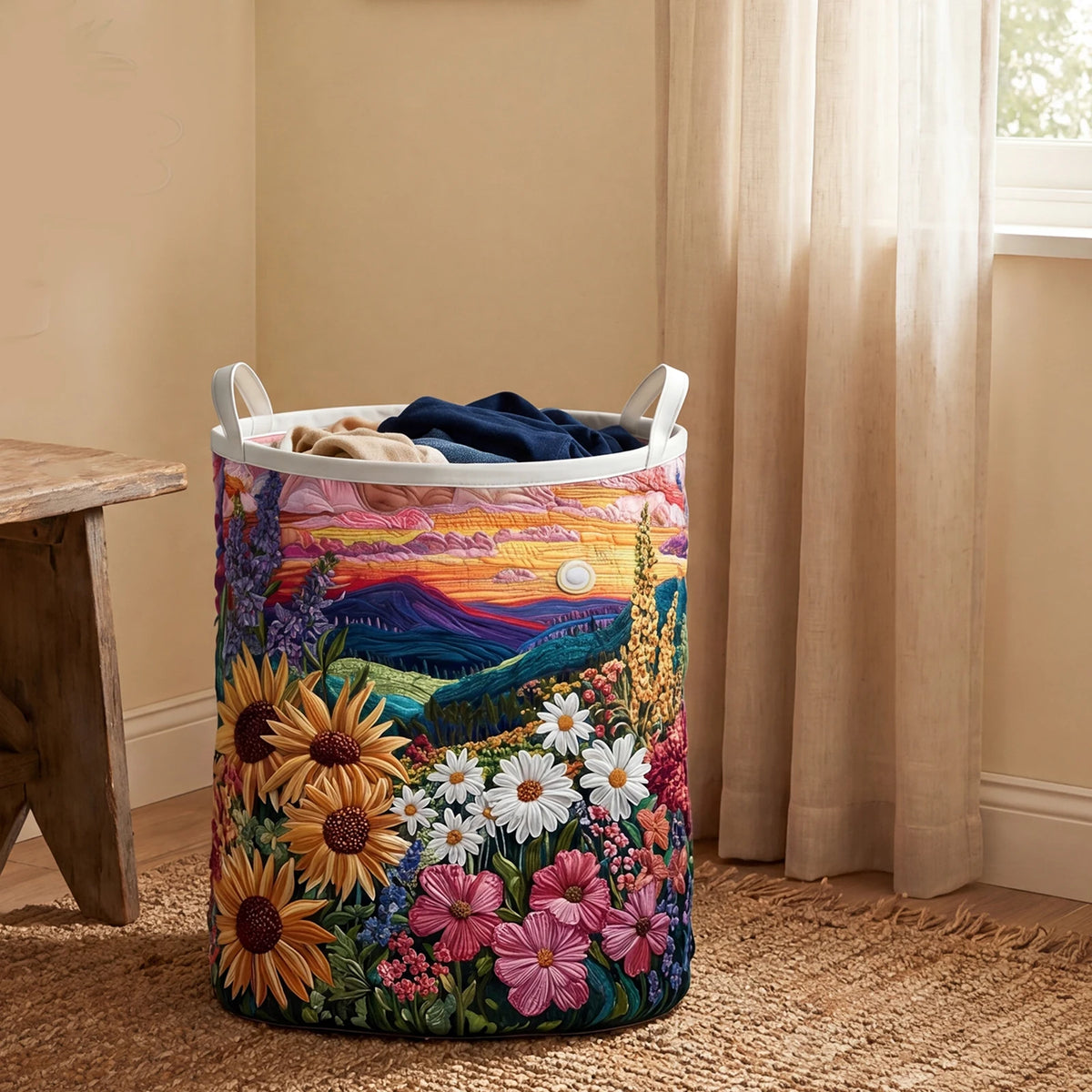 Foldable Boho Floral Laundry Hamper Basket – Large Round Storage Laundry Hamper Basket Vue