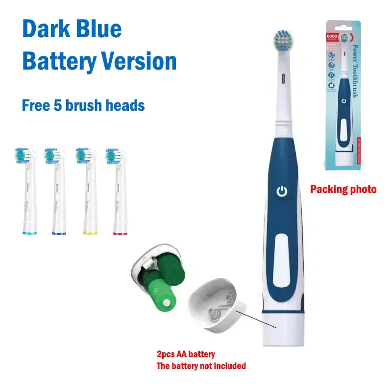 Sonic Electric Toothbrush Rounded 3D Vibrate Teeth Brush Rotation Gum Care Soft Bristle Heads Battery Power Teeth Whitening Vue Dark blue 5 head