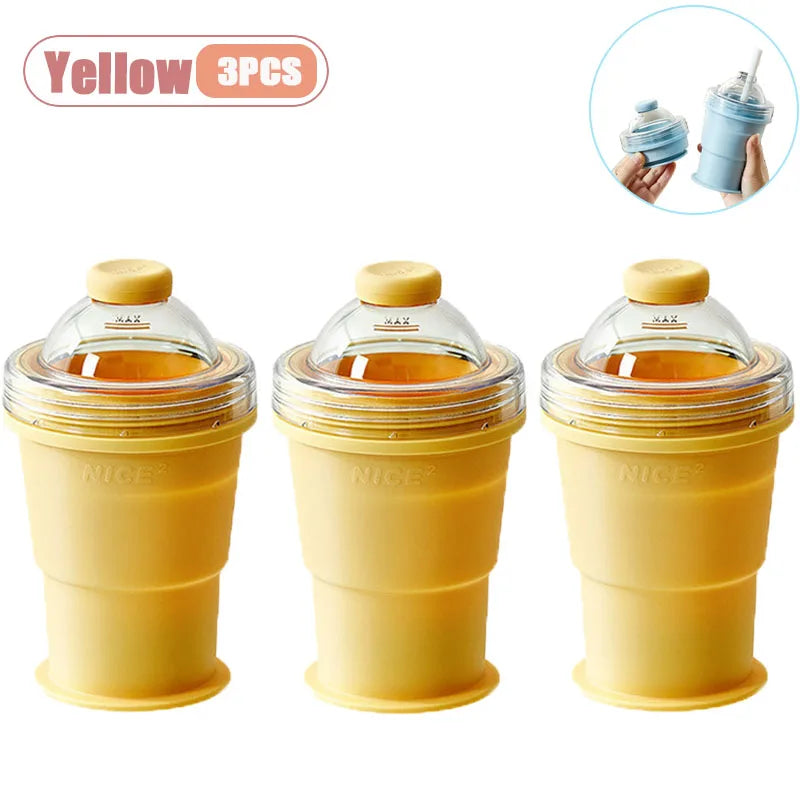 Portable Foldable Ice Ball Cup with Straw Food Grade Silicone Ice Mold for Whiskey Cocktails Reusable Summer Travel Water Bottle Vue As Shown Yellow-3PCS