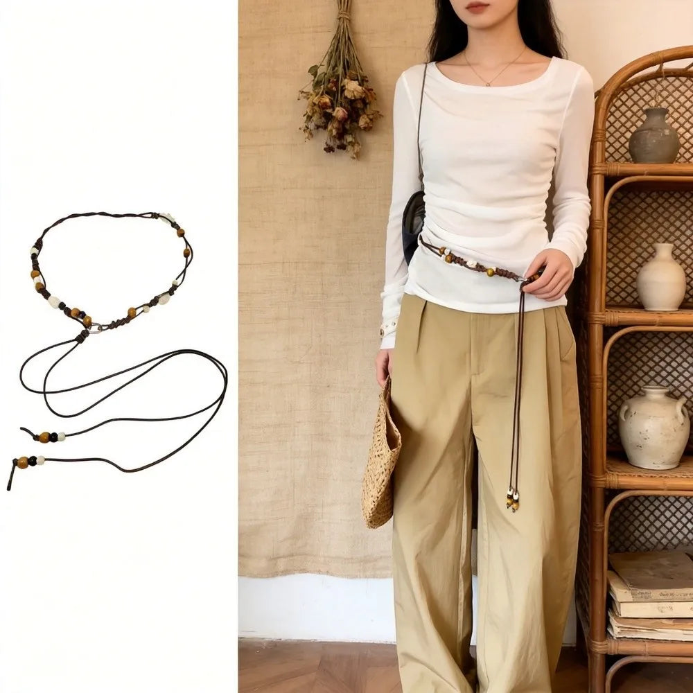 Ethnic Hand-woven Waist Chain Wooden Bead Adjustable Decorative Belt