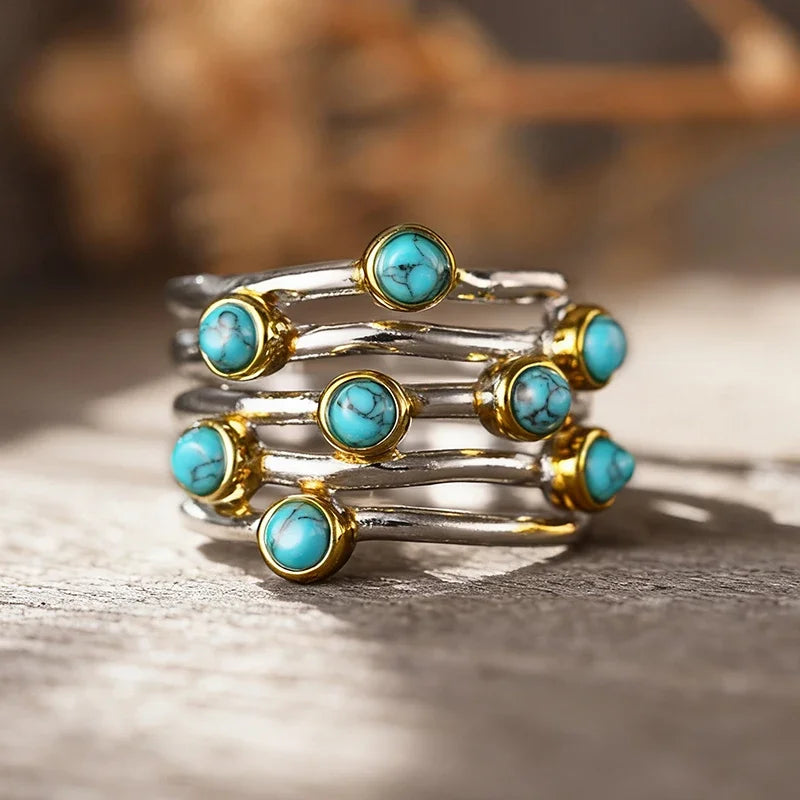 Huitan Vintage Bohemian Imitation Turquoise Ring for Women Fashion Ring Vue A732 9