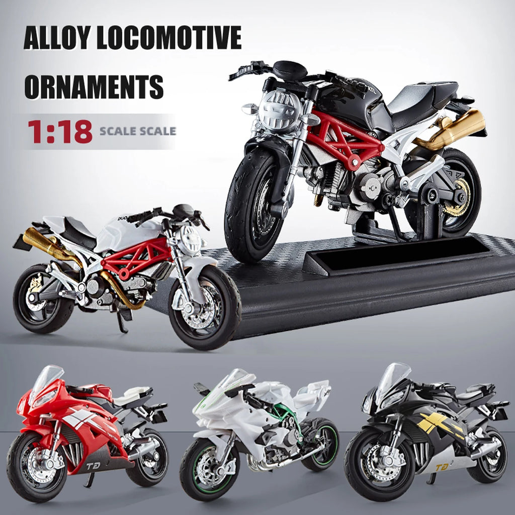 Motorcycle DieCast Model 1:18 Toy Car, Collectible Model With Ornament Base Rotating Rubber Tires Kids Gifts Vue