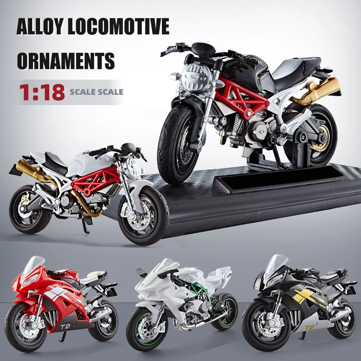 Motorcycle DieCast Model 1:18 Toy Car, Collectible Model With Ornament Base Rotating Rubber Tires Kids Gifts Vue