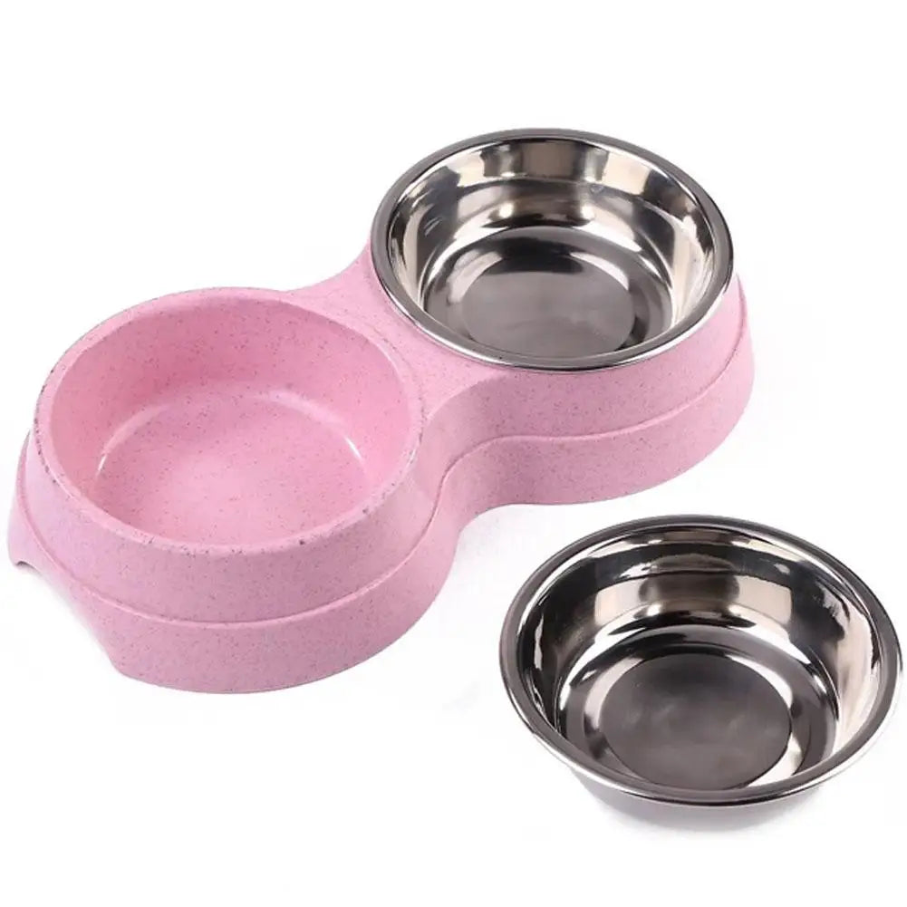 2-in-1Cat Dog Drinking Feeding Bowl Colorful Wheat Straw Base Stainless Steel Pet Tableware Healthy Safe Double Bowl Feeding Set Vue