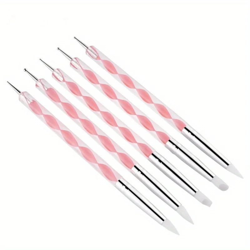 5Pcs 2 Way Nail Art Acrylic Silicone Point Flower Nail Pen Stainless Steel Dotting Tools Marbleizing Painting Pens Vue pink 5pc