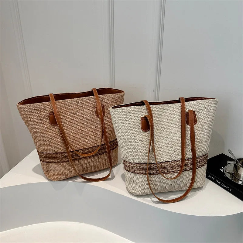 Women's Large Capacity Shoulder Bag Summer Straw Woven Basket Handbag