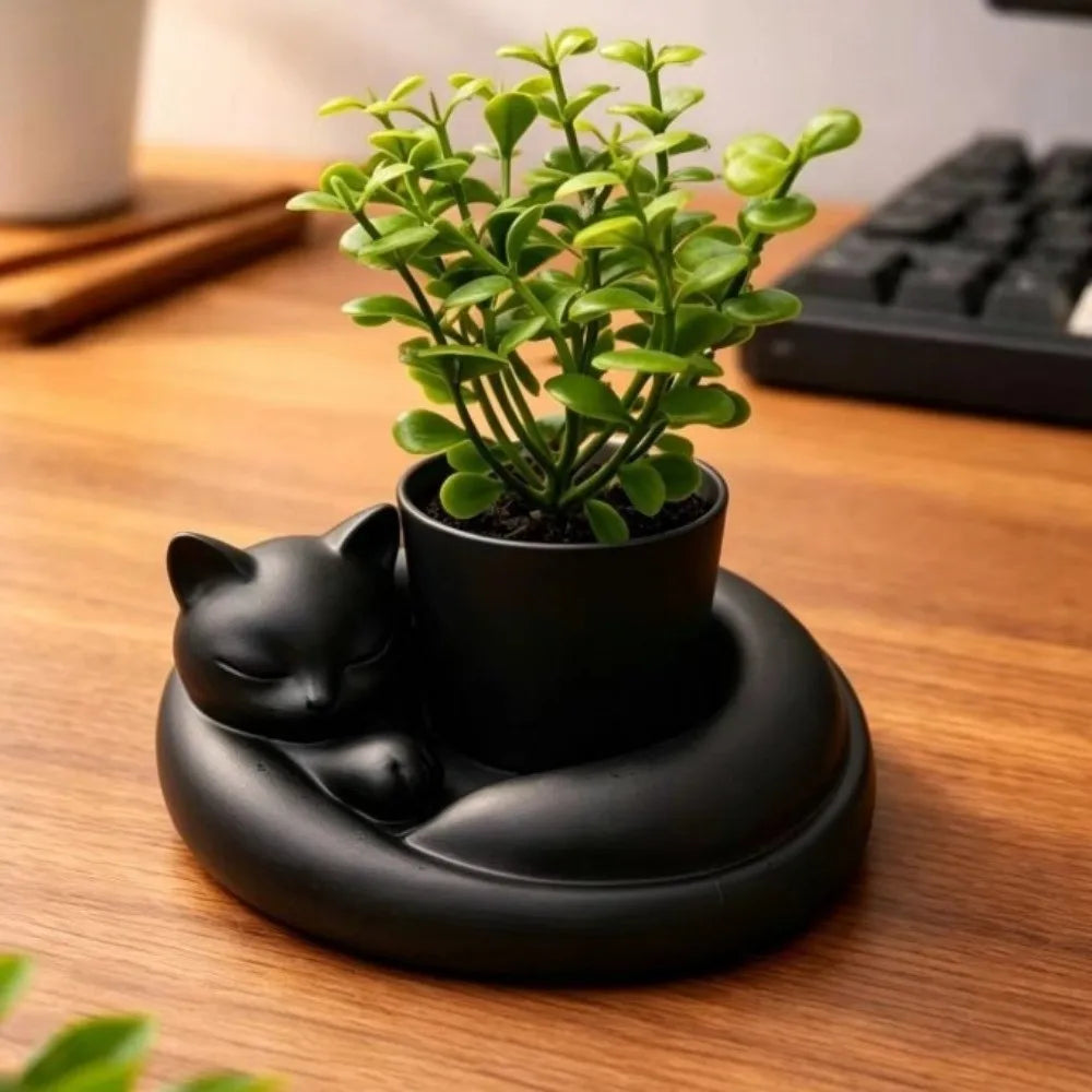 3D Printed Cat Sleeping Flowerpot Plastic Cartoon Animal Shaped Planter Lying Cat Shape Uniquely Cat Desktop Ornament Study Room Vue