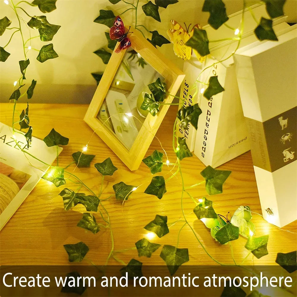 2M 20 LED Green Leaf Fake Plants String Light Battery Powered Waterproof Fairy String Light for Wall House Christmas Decorations Vue