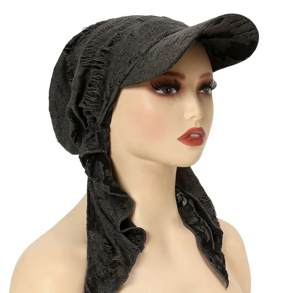 Solid Turban Hat Curved Brim Stretch Fabric Pre-tied Headscarf