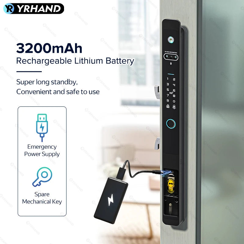 YRHAND Real time intercom Tuya WiFi Smart Door Lock Electronic Lock 3D Face Unlock Key Fingerprint Unlock Sliding Door Lock Vue