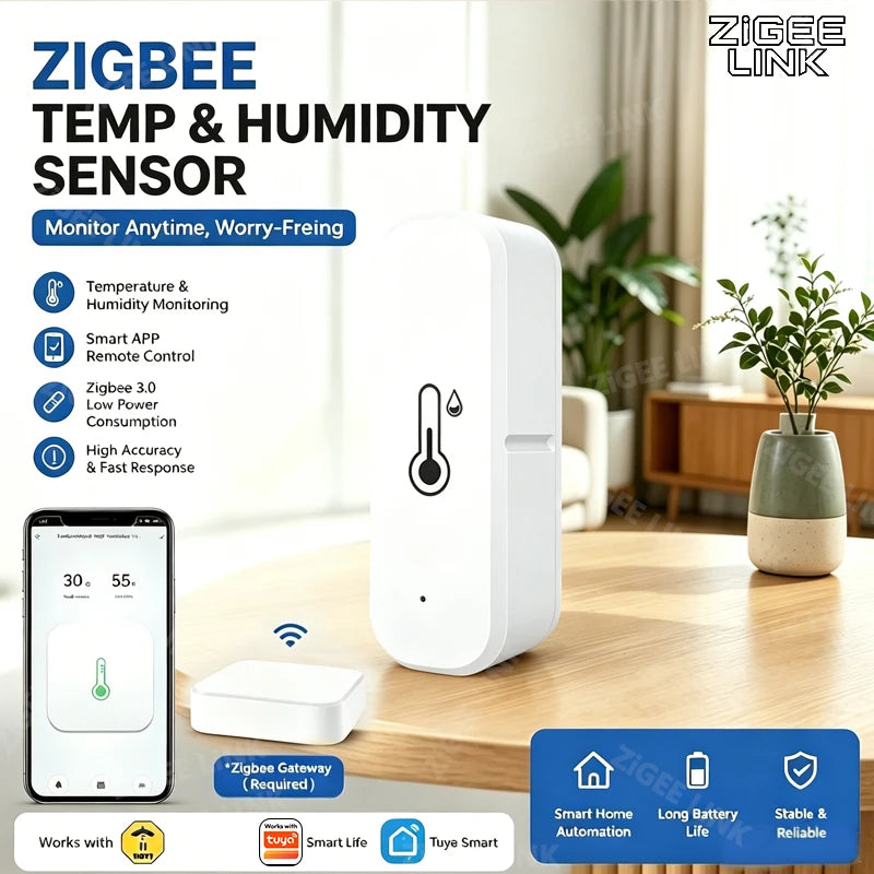 Zigbee3.0 Temperature Humidity Sensor High Precision Digital Thermometer Hygrometer Required for Indoor Home Environment Monitor Vue
