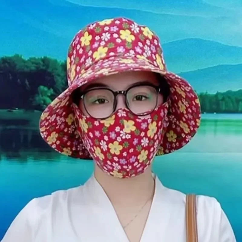 1-2PCS Women‘s Sun Hat with Face Mask Floral Leaf Pattern Wide Brim UV Protection for Outdoor Hiking Gardening Beach Vue