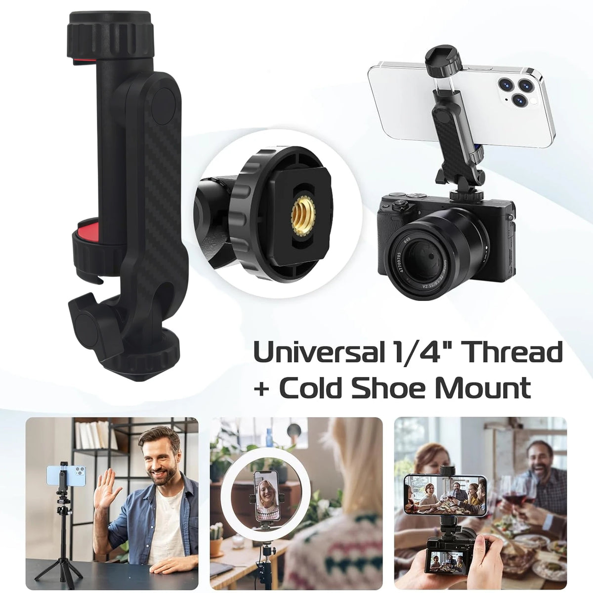 360° Universal Tripod Mount Mobile Phone Clip Holder for iPhone Xiaomi 1/4" Screw With 2 Cold Shoe Mount Adapter Vue