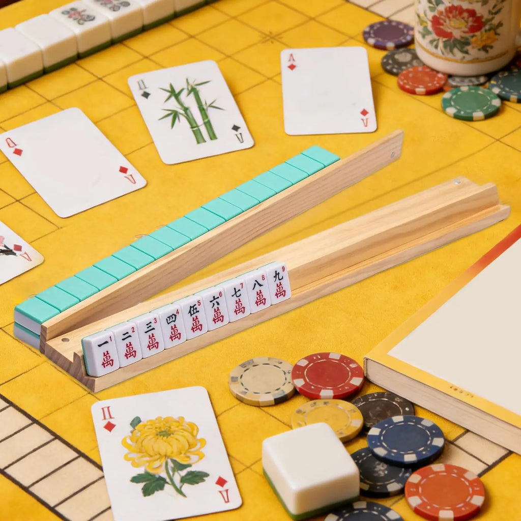 4 Pcs Non-Slip Wooden Mahjong Racks With Pushers, 45CM Durable Tile Holders & Push Tools For Family, Travel & Outdoor Game Fun Vue