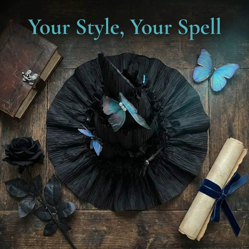 Gothic Halloween Hat Tall Pointed Cone Top Butterfly Hair Clips Women's Wizard Cap Removable Bendable Ruched Masquerade Cap Vue
