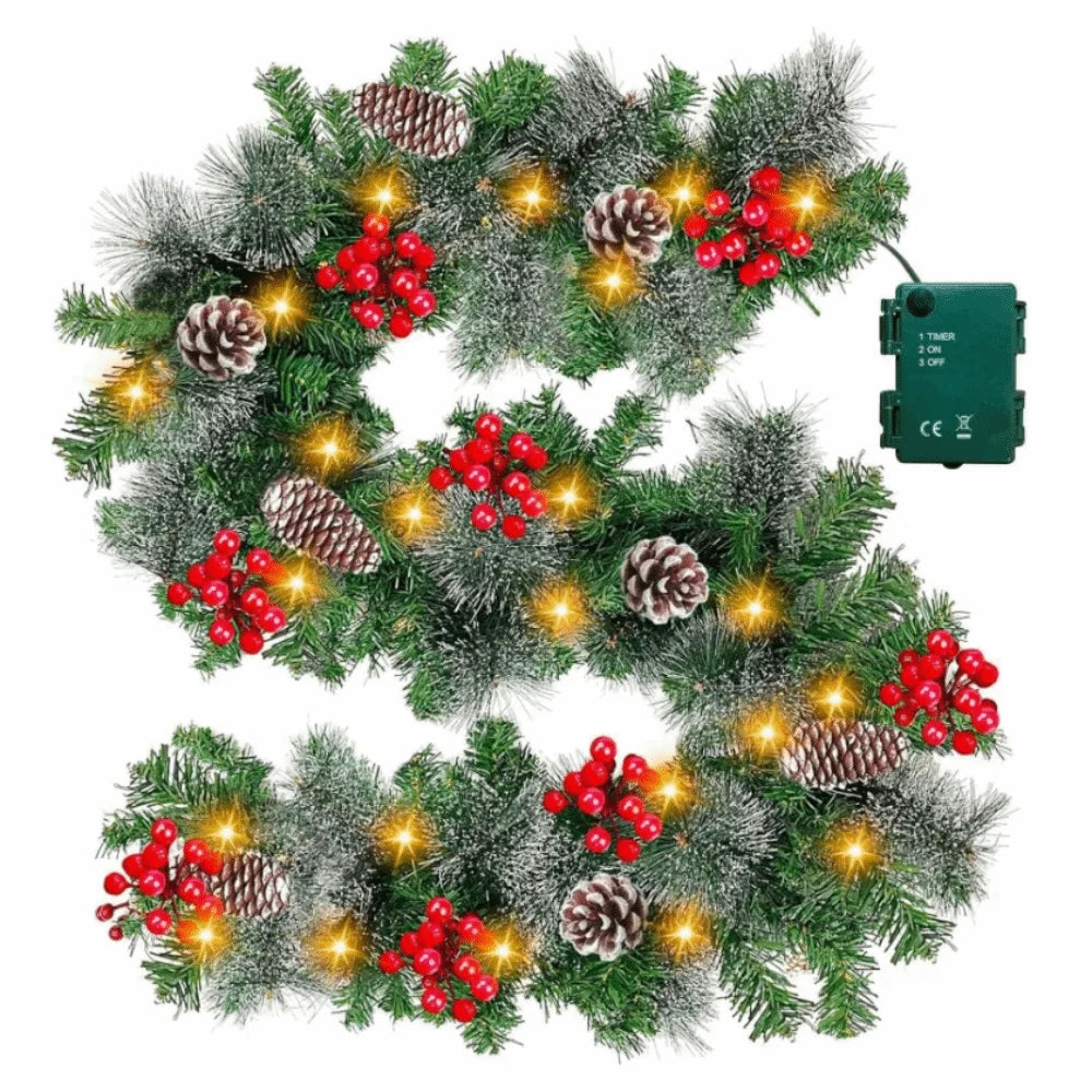8 Modes LED Christmas Garland Lifelike Waterproof Lighted Xmas Wreath PVC Green Artificial Christmas Garland Outdoor Indoor Vue no Remote Control