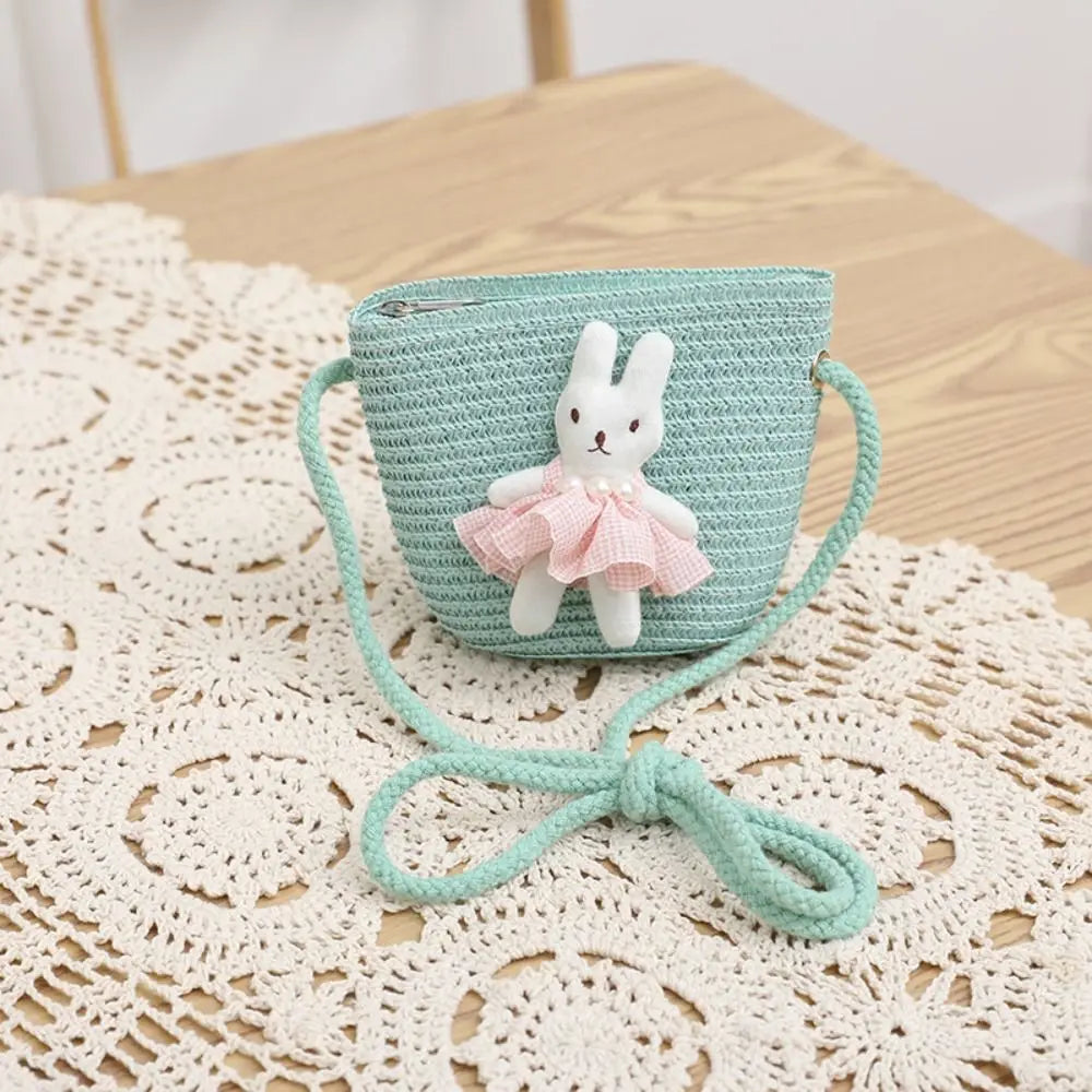 Summer Beach Cartoon Bunny Mini Straw Bag Zipper Handmade Woven Kid
