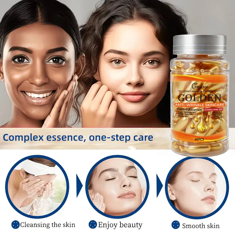 80 Capsules of Facial Anti-Wrinkle Serum, Rich in Vitamins C, E, and Squalane, Moisturizes and Nourishes the Skin, Making It Smooth and Delicate, Packaged in Capsule Form, Hygienic and Portable Vue