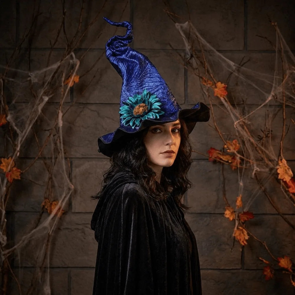Floral Halloween Witch Hat Adjustable Twisted Wizard Cap Tall Pointed Cone Top Gothic Pointed Mage Hat Halloween Party Vue