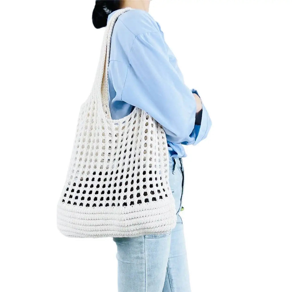 Vintage Hollow Design Woven Women Shoulder Bag Knitting Large Vue white
