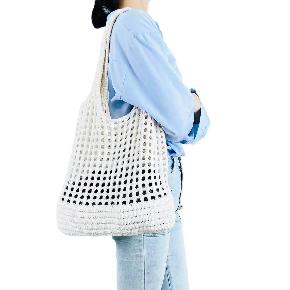 Vintage Hollow Design Woven Women Shoulder Bag Knitting Large Vue white