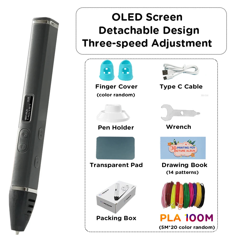 3D Doodle Pen OLED Display,3 Adjust Speed,Detachable Type-C,40 Colors PLA Filament 3D Printing Pen Kids DIY Craft Holiday Gifts Vue gray 100M