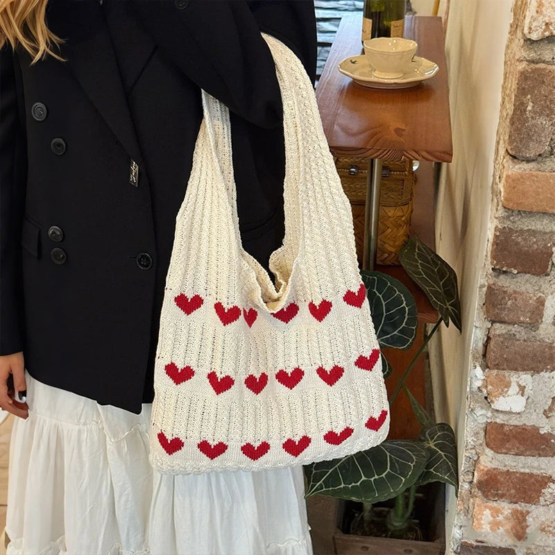 Knitted Love Pattern Tote Bag Stylish Woven Handbag Shoulder Women