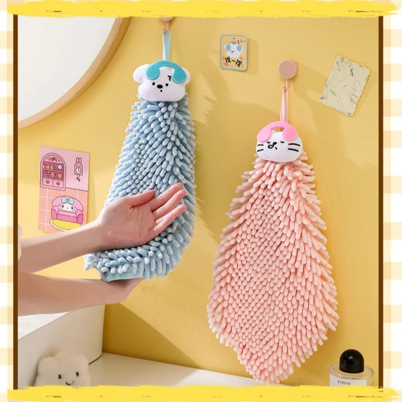 Puppy Holiday Cartoon Simple Chenille Hand Towel, Dual-Use Hanging Towel for Kitchen and Bathroom, for Wiping Hands, Cleaning Glass, and Washing Cars, Cleaning Supplies, Thickened Chenille Fabric, Fine Plush, Thick and Skin-F Vue
