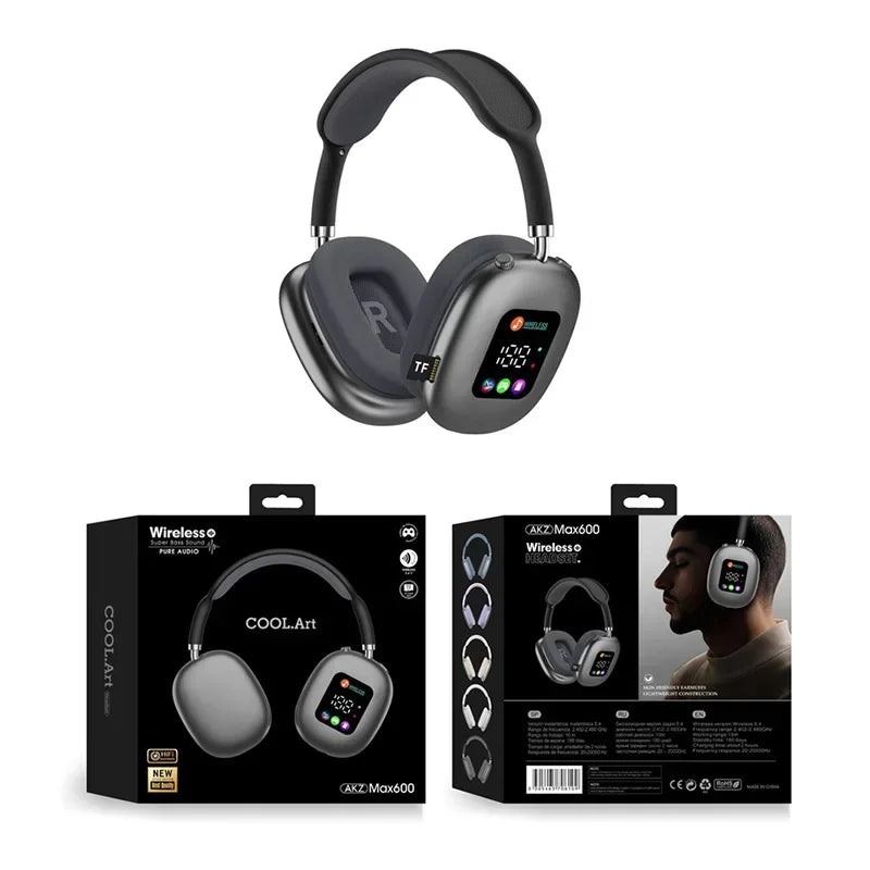 Wireless Headphone AKZ MAX600 Noise Cancelling Headphones Can Use Memory Card Hybrid With Touch Control LED Screen Vue Black